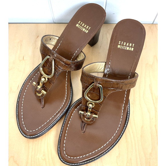 Stuart Weitzman Women Brown Leather Strap Sandal Heel with Gold Detailing SZ 8.5 - Picture 1 of 7